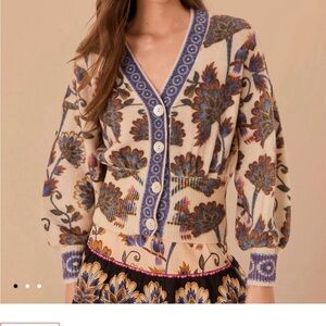 FARM Rio Cream and Blue Floral Cardigan